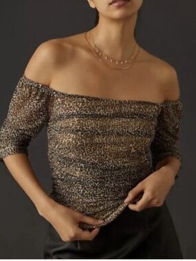 Anthropologie Off-Shoulder Leopard Print Top in Brown and Black